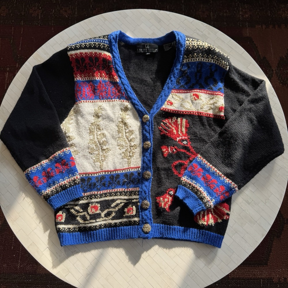 Vtg 90s Carole Little Knitwear Sz S P Cardigan Sweater Holiday Embroidered Wool